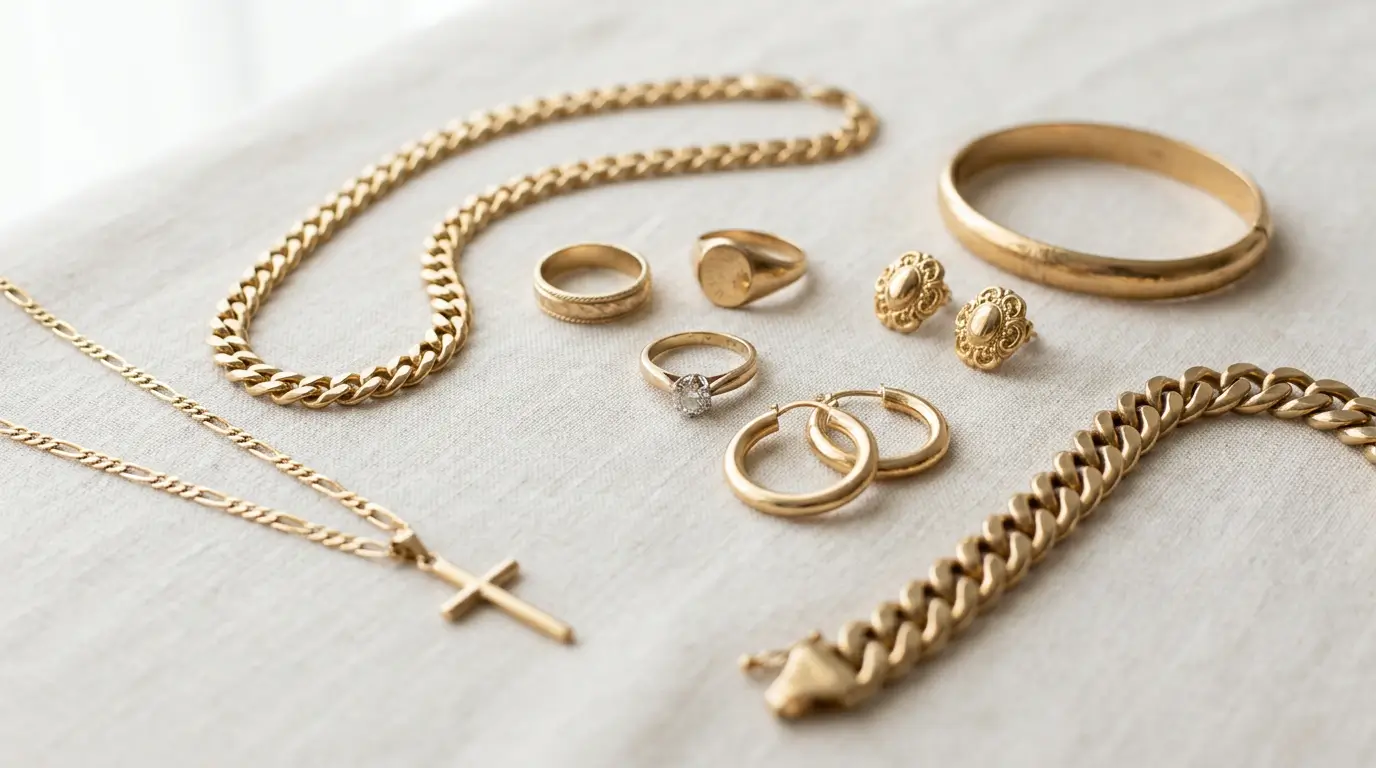 Разнообразие золотых изделий — серьги, кольца, браслеты, цепочки