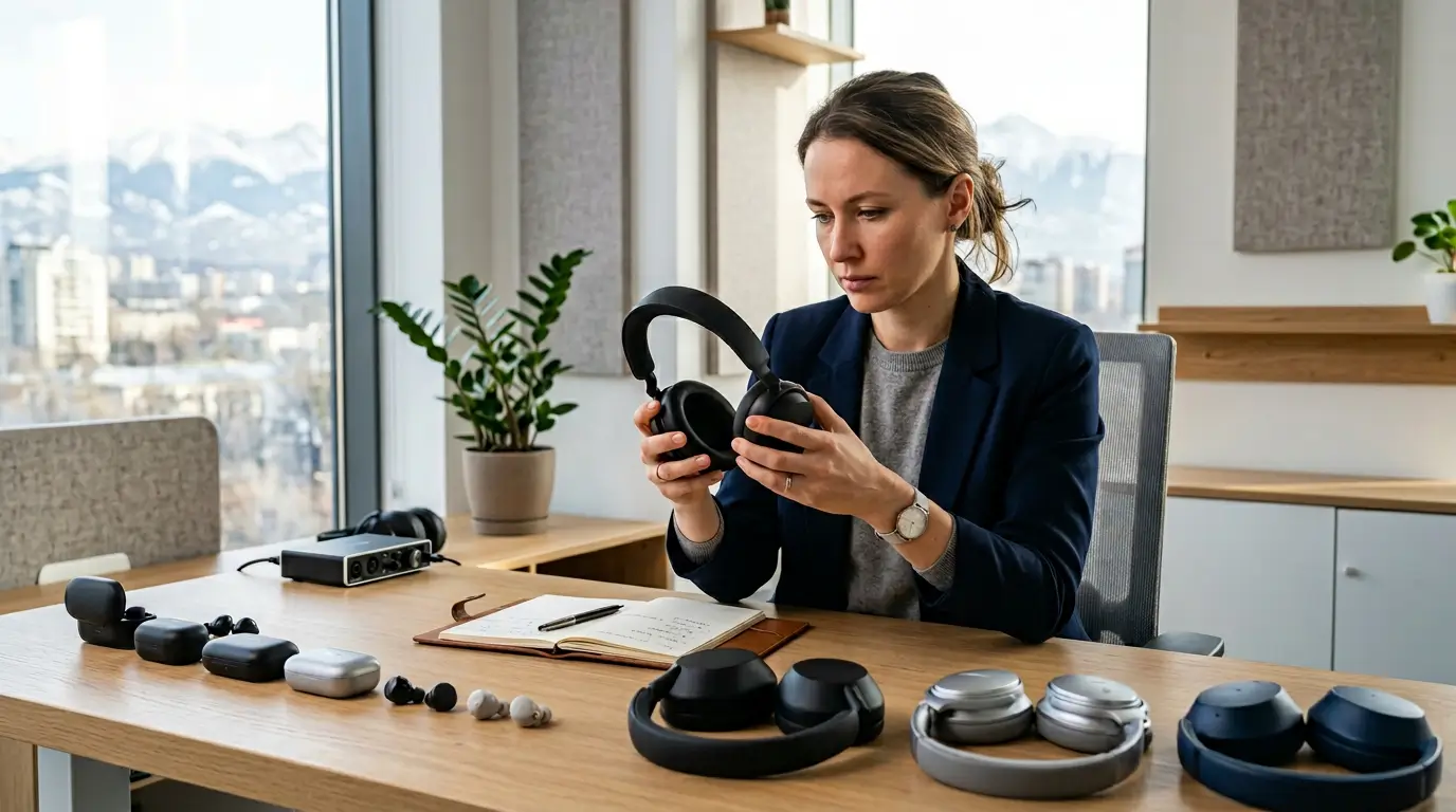 Осмотр и оценка студийного аудиооборудования и наушников в ломбарде