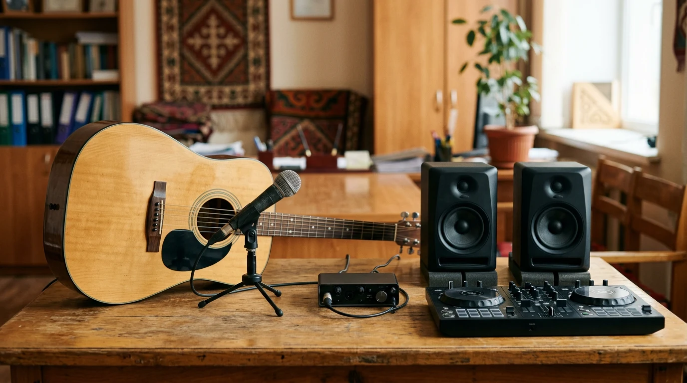 Разнообразие музыкальных инструментов и студийной техники, принимаемых в залог в Алматы