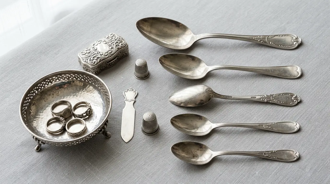 Разнообразие серебряных изделий 875 пробы — украшения, столовые приборы, антиквариат