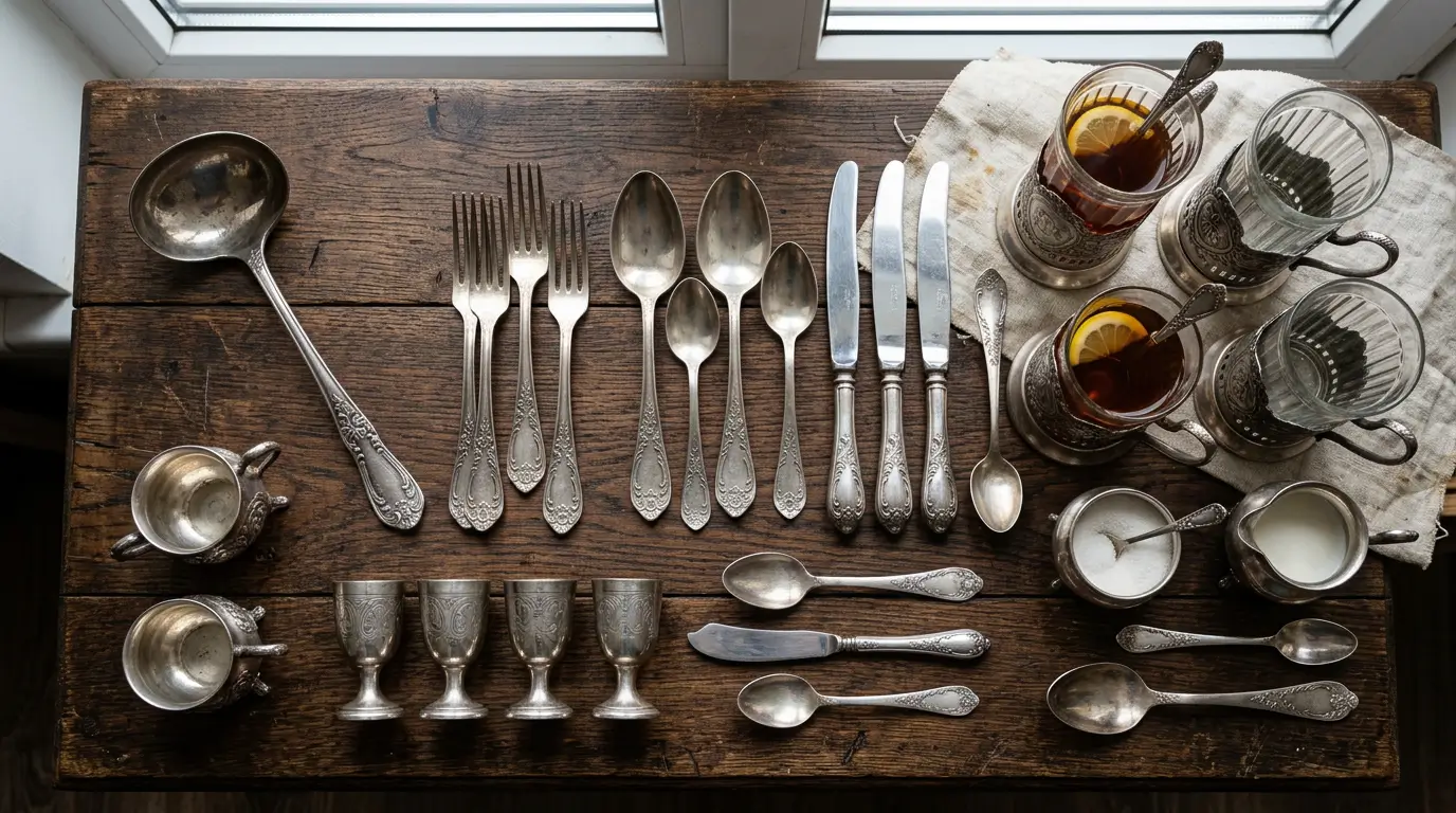Разнообразие столового серебра — стопки, вилки, ложки, ножи, чашки, ковши, бокалы, подстаканники, сервизы