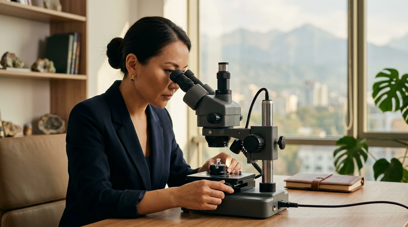 Геммолог проводит оценку бриллианта под микроскопом в офисе в Алматы